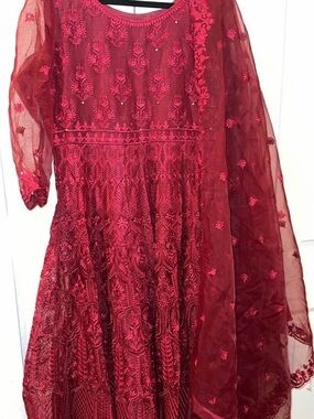 Ethnic Indian Wear Red Embroidered Wedding Anarkali with Dupatta